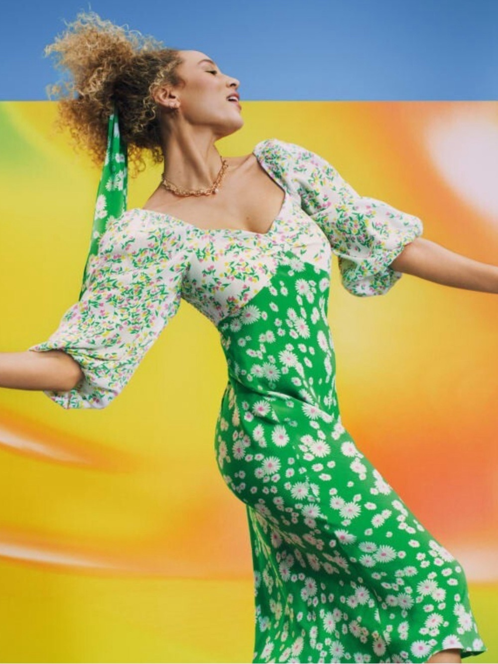 RIXO Daisy Floral Long Sleeve Swing Green Dress  Size 2 cottage core festival